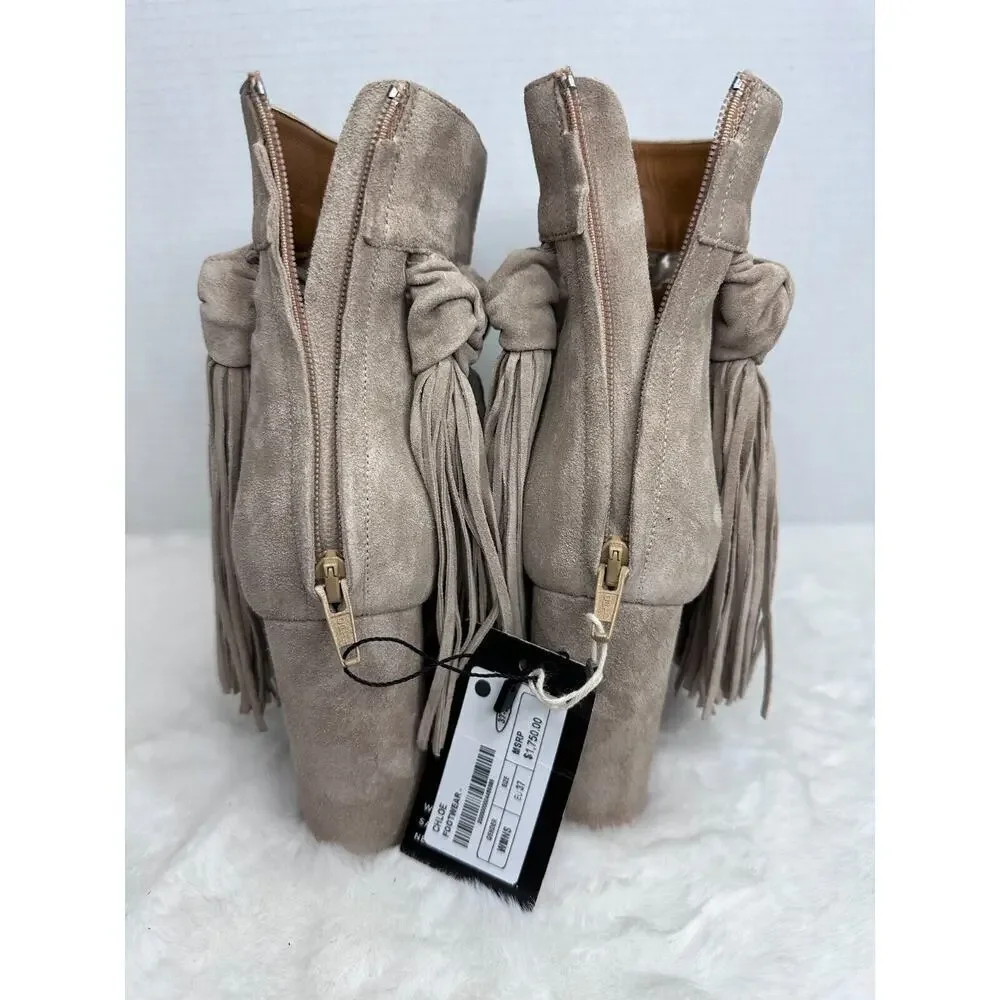 Chloe Fringed Tasseled Suede Ankle Open Toes boots Size UE 37